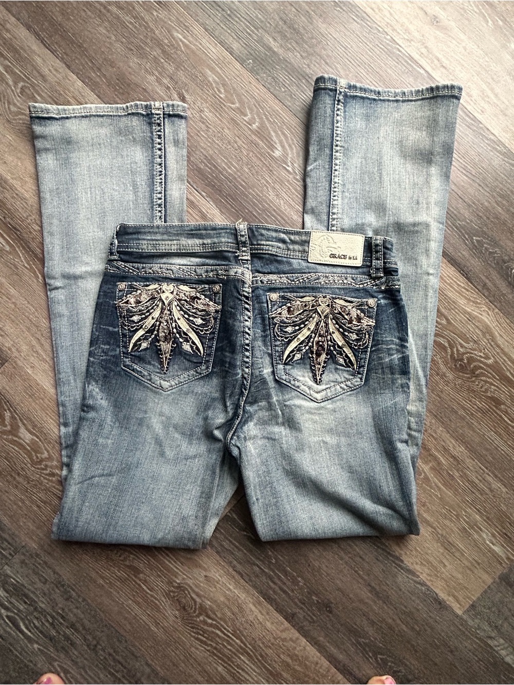 Grace in LA Light Blue Embroidered Boot Cut Jeans
